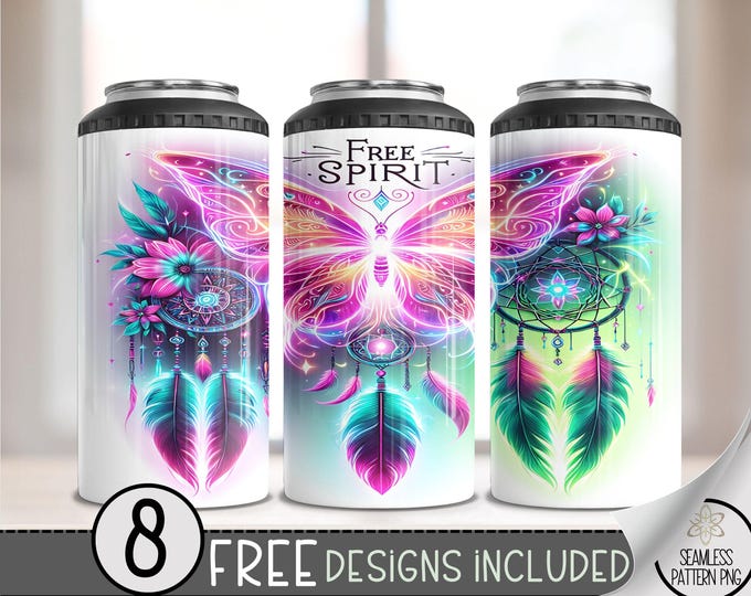 Boho Dreamcatcher 4 in 1 Tumbler PNG, Seamless Neon Watercolor Hippie 16 Oz Can Cooler Sublimation Design, Unique Butterfly 4in1 Can Wrap