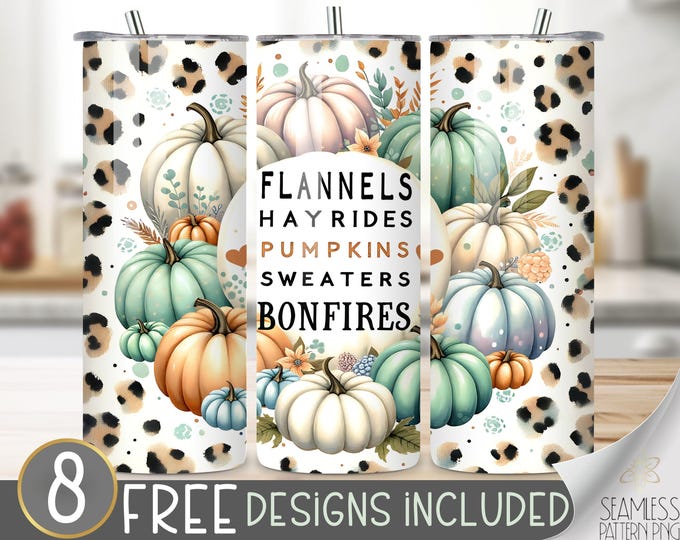 Fall Tumbler Wrap, Flannel Tumbler Wrap Sublimation Design, Autumn Leaves Pumpkins 20oz Tumbler Wrap, White Pumpkin Seamless Wrap, Leopard