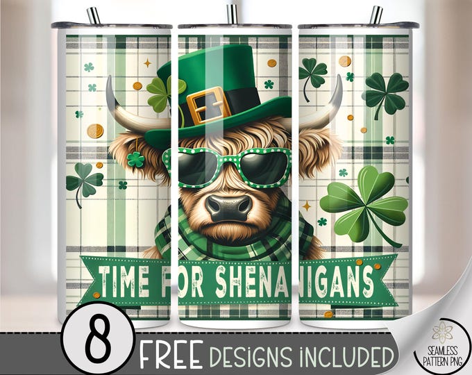 Time For Shenanigans 20 oz Tumbler Wrap, St. Patrick's Day Cow Digital Download, Playful Sublimation Design for Skinny Tumblers, A798