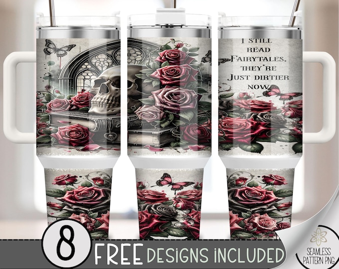 Floral Skull 40oz Tumbler Wrap, Romantasy Bookish Tumbler Sublimation Design,Goth Adult 40oz Quencher Tumbler Wrap PNG, Smutty Book PNG, A59