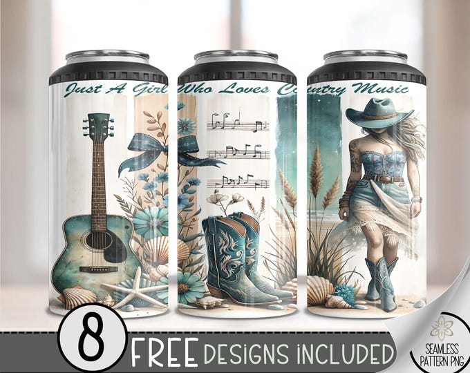 Just A Girl Who Loves Country Music 4 in 1 Can Cooler Wrap,Western Sublimation Design,Cowgirl 4in1 Tumbler PNG,Country Girl 16 Oz PNG, A153