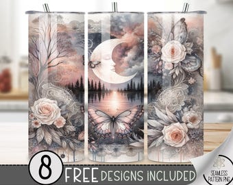 Floral Butterfly Tumbler Wrap, Moon Lace 20 Oz Skinny Tumbler Sublimation Design, Celestial Png Tumbler Wrap,Boho Moon File Instant Download