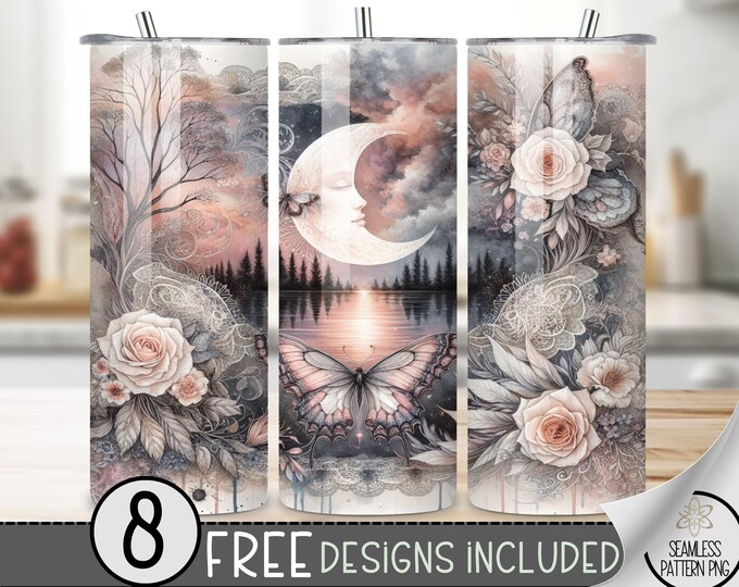 Floral Butterfly Tumbler Wrap, Moon Lace 20 Oz Skinny Tumbler Sublimation Design, Celestial Png Tumbler Wrap,Boho Moon File Instant Download