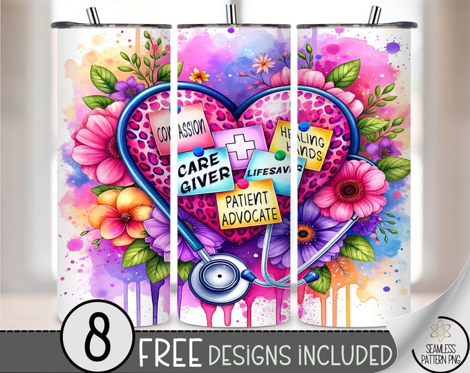 Nurse Life Tumbler Wrap PNG, 20oz Skinny Medical Sublimation Design, Caregiver Appreciation Tumbler, Healing Hands Wrap PNG, A250