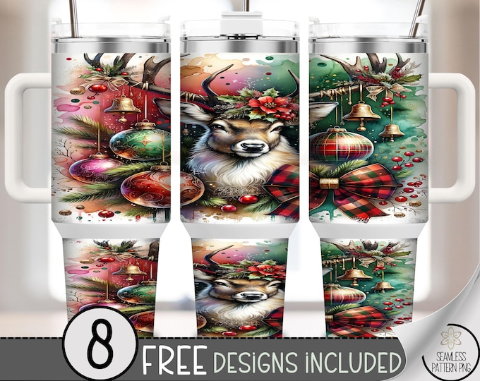 Reindeer 40 oz Tumbler Wrap, Christmas Sublimation Design, Festive Holiday PNG Files, Printable Wrap with Ornaments, A550