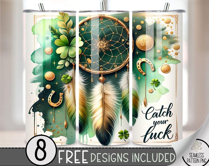 St. Patrick's Tumbler Wrap, Shamrock Dreamcatcher Sublimation Design PNG, Feather 20Oz Skinny Tumbler File, St Patty Boho Floral Tumbler PNG