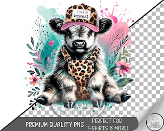 I Could Be Meaner Sublimation Design, Cute Highland Cow UV DTF Graphic, Farmhouse Clip Art with Florals, Modern Boho Pastel Design A501