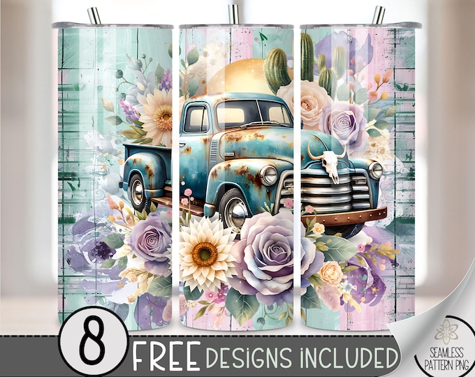 Rustic Vintage Truck Tumbler Wrap, Western 20oz Skinny Tumbler Sublimation Design, Floral Tumbler File PNG, Old Truck Seamless Tumbler Wrap
