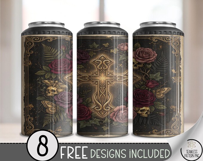 Gothic Cross 4in1 Can Cooler Wrap, Dark Rose Sublimation Design, Digital Download, B10474