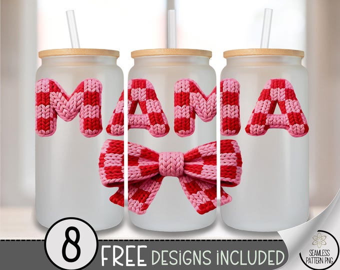 Valentines Day Mama Glass Can Wrap, Checkered Mama 16oz Glass Tumbler Sublimation, Faux Knit Mother's Day PNG File, A818