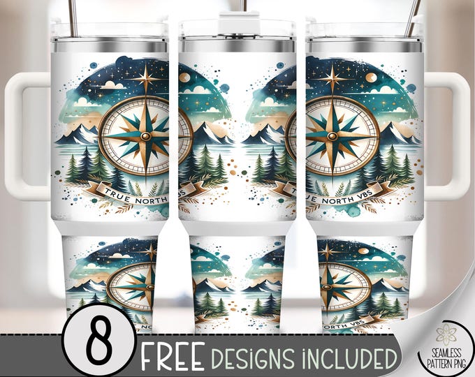 True North Vibes Compass 40 oz Tumbler Wrap PNG, Nature Adventure Sublimation, Vacation Bible School Mountain 40oz Tumbler Design, A307