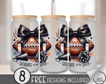 Saturdays In The South Glass Can Wrap, Sporty 16oz Glass Tumbler Sublimation Design, Football and Bow PNG File, Modern Game Day PNG A513