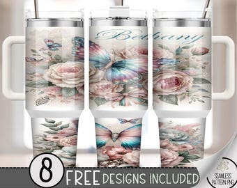 Butterfly 40 oz Tumbler Wrap, Digital Download Sublimation Design, Floral Butterflies PNG for 40oz Quencher, Add Your Name Tumbler Wrap, A91