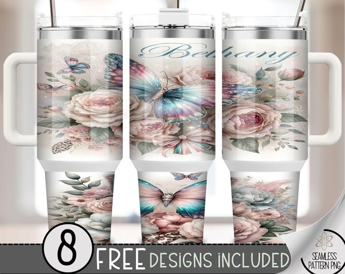 Butterfly 40 oz Tumbler Wrap, Digital Download Sublimation Design, Floral Butterflies PNG for 40oz Quencher, Add Your Name Tumbler Wrap, A91