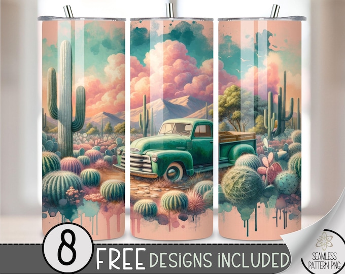 Rustic Vintage Truck Tumbler Wrap, Western 20oz Skinny Tumbler Sublimation Design, Floral Tumbler File PNG, Old Truck Seamless Tumbler Wrap