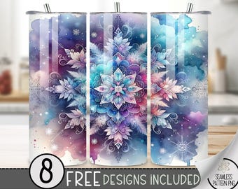 Snow Tumbler Wrap, Pretty 20 Oz Skinny Tumbler Sublimation Design, Winter PNG Tumbler Wrap, Snowflake Png File, Seamless Instant Download