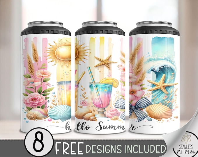 Hello Summer 4 in 1 Can Cooler Wrap, Beach Theme 4in1 Tumbler PNG,Fun Summer Graphic 16 Oz Can Cooler Sublimation Design,Coast Ocean PNG A47