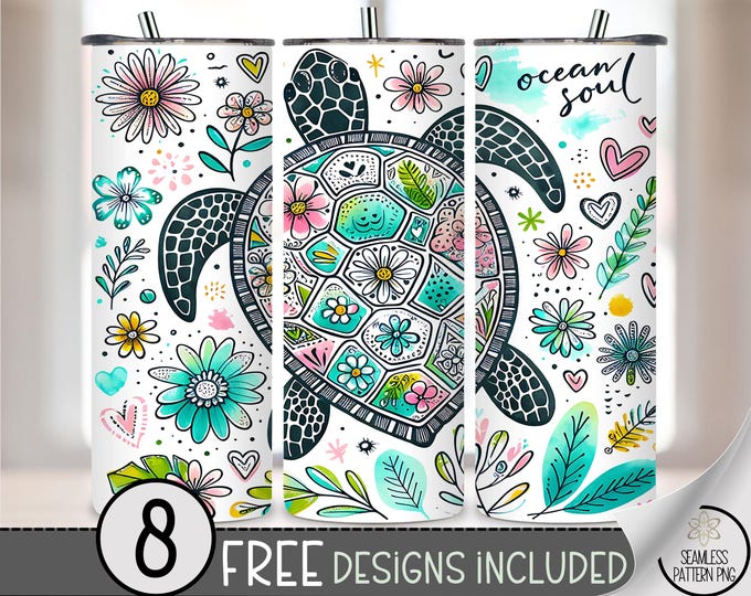 Sea Turtle 20 oz PNG Tumbler Wrap, Cute Turtle Sublimation Design, Ocean Life Digital Download, Ocean Soul PNG, Boho Turtle Doodle File A203