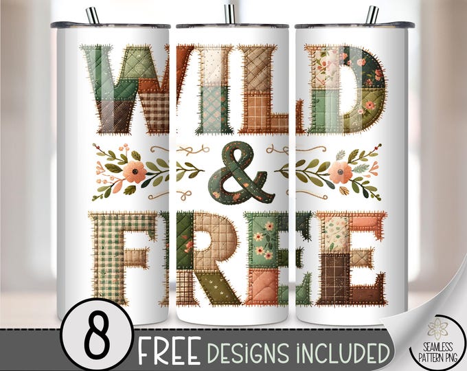 WILD & FREE 20 oz tumbler wrap: Cottagecore Digital Download Sublimation Design for Skinny Tumblers, Rustic PNG Files, Farmhouse Style A647