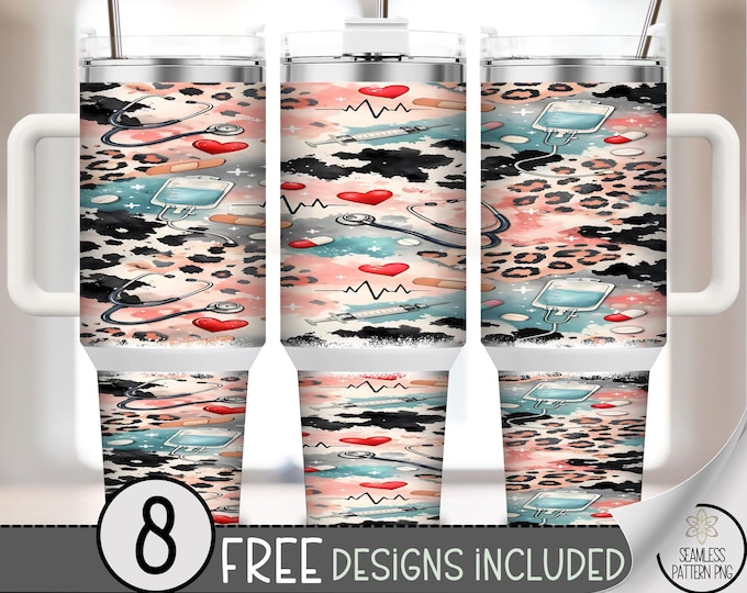 Nurse 40 oz Tumbler Wrap, Medical Icons Sublimation Design, Feminine Graphics PNG Files, Trendy Leopard 40oz Tumbler Design, B10038