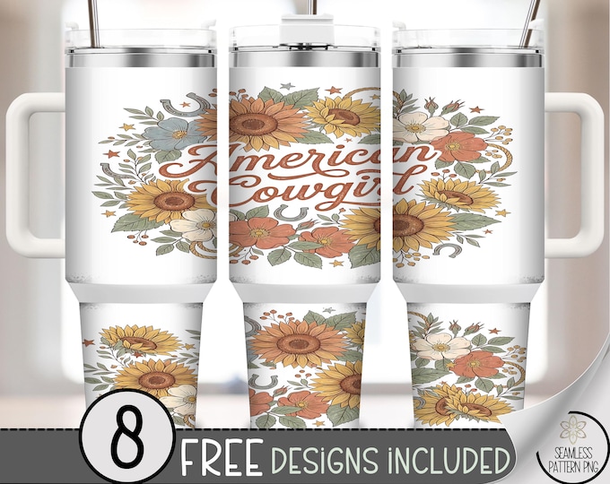American Cowgirl PNG, Boho Floral Sublimation Design, Country Sunflower 40 oz Tumbler Wrap, Digital Download, B10057