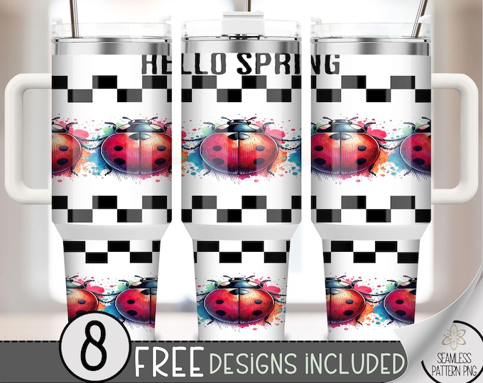 Hello Spring 40oz Tumbler Wrap, Lady Bug Checkered Tumbler Sublimation Design, Girly Country Cottage 40oz Quencher Tumbler Wrap PNG, A169