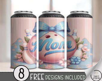 Bowling Mom 4-in-1 Can Cooler PNG, Pastel Floral Ball and Pins, Cute Sublimation Wrap for Mother’s Day Sports Fans, A336