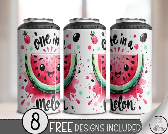 One in a Melon 4-in-1 Can Cooler Wrap PNG, Cute Kawaii Watermelon Sublimation Design, Summer Fruit Drink Holder for Crafters and Kids, A371