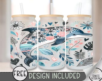 Dolphin Glass Wrap, Sea Ocean 16 Oz Glass Can Wrap PNG, Coastal Boho Floral Glass Can Sublimation Wrap Design, Ocean Beach PNG, A202
