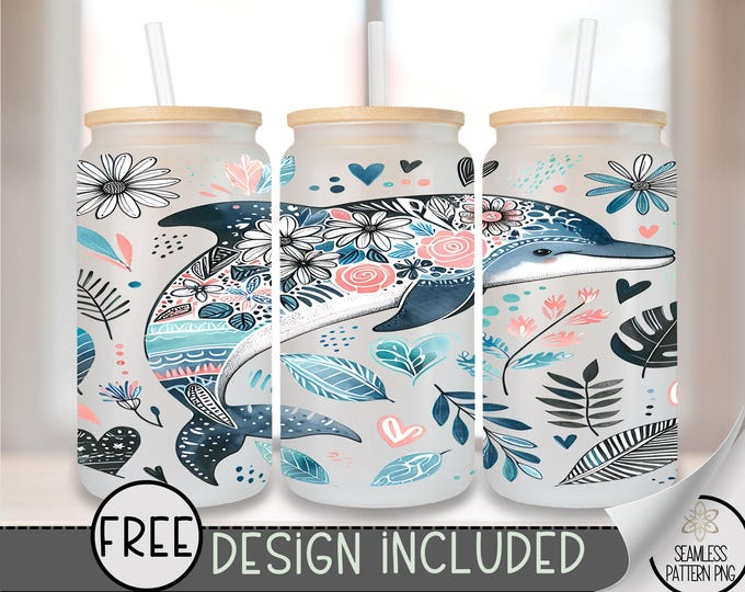 Dolphin Glass Wrap, Sea Ocean 16 Oz Glass Can Wrap PNG, Coastal Boho Floral Glass Can Sublimation Wrap Design, Ocean Beach PNG, A202