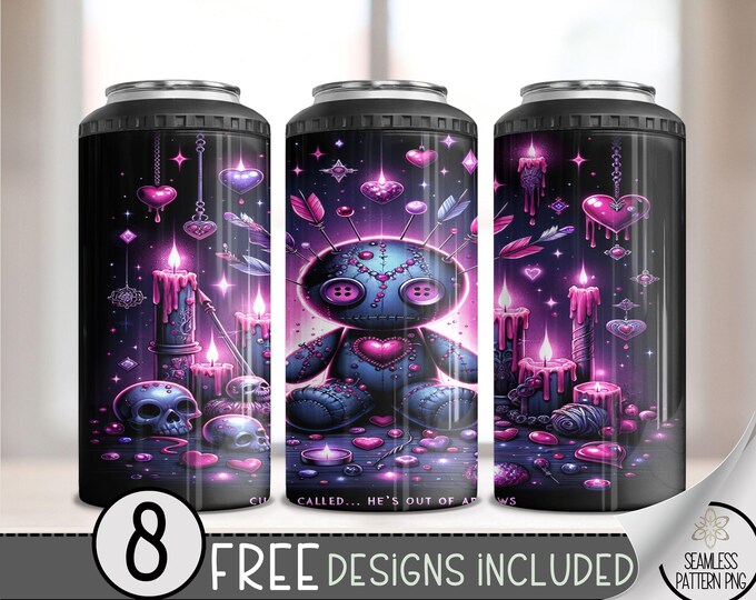 Dark Valentine Voodoo Doll Can Cooler Wrap, Vday 4 in 1 Sublimation PNG, Gothic Anti-Valentine's Design, Emo Love Day Sublimation Design