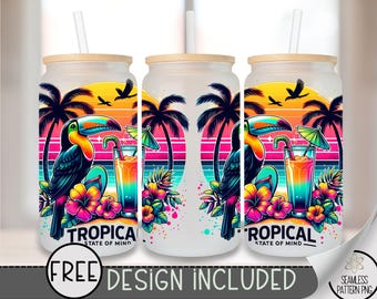 Cruise 16 oz Glass Can Wrap PNG, Tropical Toucan Sublimation Design, Ocean Summer Drink Wrap, Retro Island Neon Sunset Glass Can PNG, A327