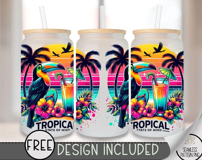 Cruise 16 oz Glass Can Wrap PNG, Tropical Toucan Sublimation Design, Ocean Summer Drink Wrap, Retro Island Neon Sunset Glass Can PNG, A327