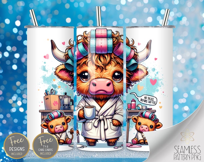 Highland Cow PNG Tumbler Wrap, 20 Oz Skinny Sublimation Tumbler Design, Funny No Talkie Before Coffee Seamless Design, Instant Download