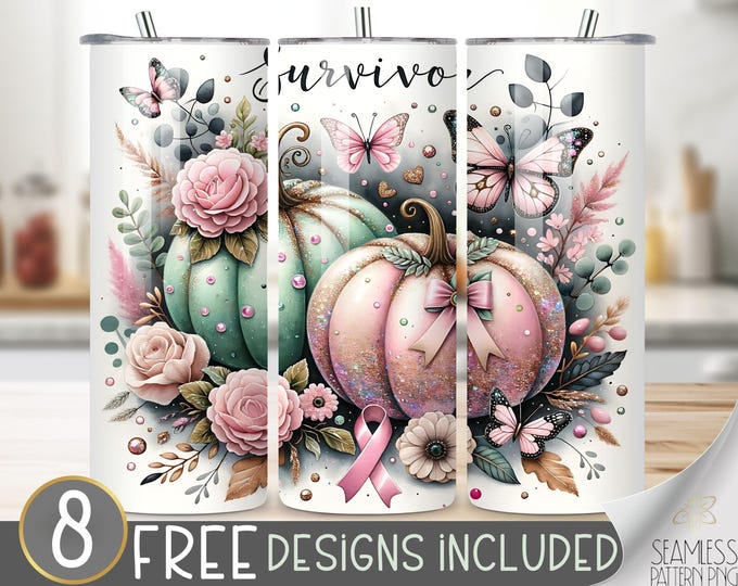 Pink Pumpkin Tumbler Wrap, Pink Ribbon Awareness Tumbler File Breast Cancer Survivor Tumbler Wrap, Glitter 20 oz Skinny Tumbler Sublimation