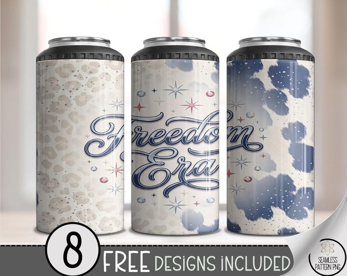 Freedom Era 4in1 Can Cooler Wrap, Leopard and Cow Print Sublimation Design, Patriotic 16 oz 4-in-1 File, Retro Independence B10072