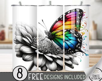 Floral Butterfly Tumbler Wrap, Butterfly 20Oz Skinny Tumbler Sublimation Design, Rainbow Butterfly Flower Tumbler PNG File,Simple Design PNG