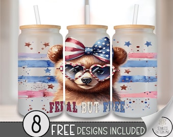 Patriotic Bear Glass Can Wrap PNG, Dtf Feral But Free Animal Design, USA 4th of July Sublimation File for Glass Can Cups UV Dtf A258