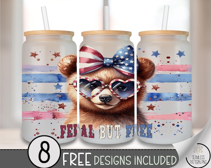 Patriotic Bear Glass Can Wrap PNG, Dtf Feral But Free Animal Design, USA 4th of July Sublimation File for Glass Can Cups UV Dtf A258