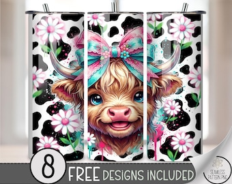 Boujee Cow PNG - Highland Calf 20 Oz Tumbler Wrap, Sublimation Design, Animal Print, Digital Download, B889