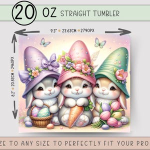 May include: Three cartoon bunnies wearing pastel colored hats with flowers and bows. The bunnies are holding Easter eggs, a carrot, and a bouquet of flowers. The image is for a 20 ounce straight tumbler.