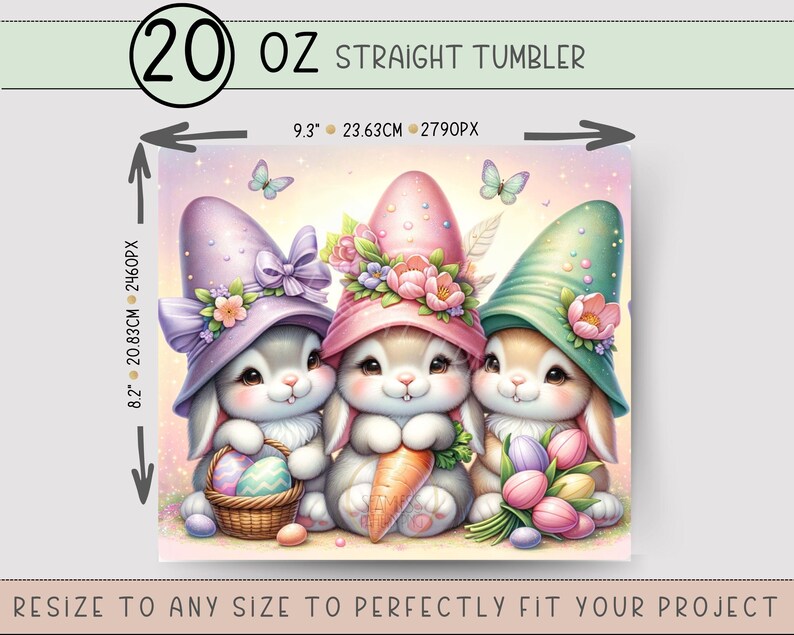 May include: Three cartoon bunnies wearing pastel colored hats with flowers and bows. The bunnies are holding Easter eggs, a carrot, and a bouquet of flowers. The image is for a 20 ounce straight tumbler.