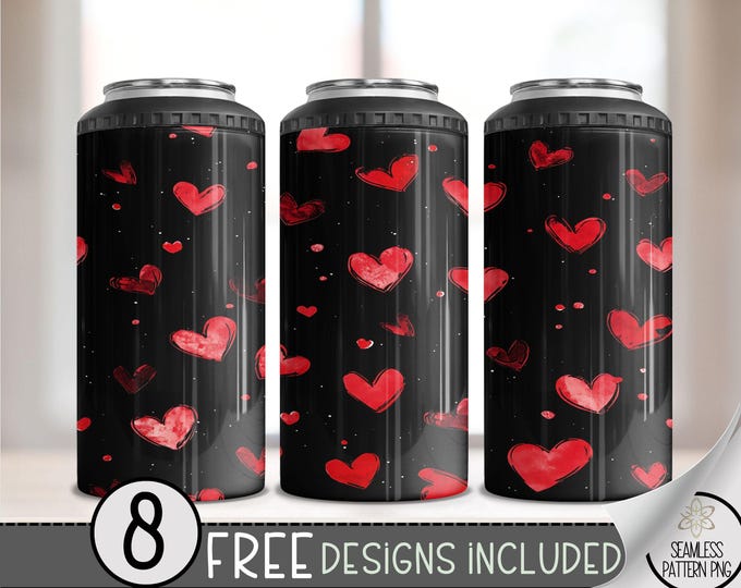 Seamless Valentine's Day 4 in 1 Can Cooler Wrap, Simple Heart 4in1 Tumbler PNG, Heart Pattern 16 Oz Can Cooler Sublimation Design, Vday Love