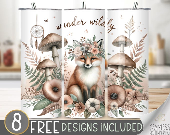 Wander Wildly Fox Tumbler Wrap, Boho Mushroom Floral Design, Woodland Animal Dreamcatcher 20oz Sublimation PNG, Fern Tumbler Wrap File