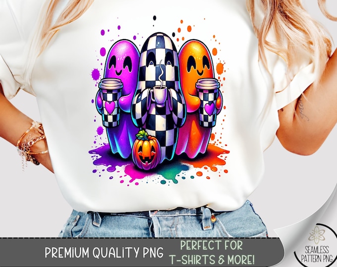 Cute Colorful Ghost Coffee PNG, Halloween Checkered Ghosts with Pumpkin, Bright Fall Sublimation Design for T-Shirts & More, A370
