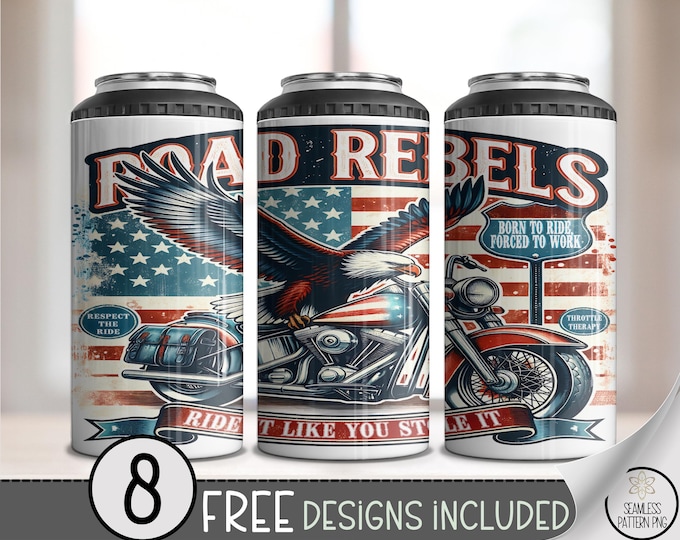 Vintage American Eagle Can Cooler Wraps, Road Rebels Design, Patriotic Americana PNG, A625