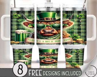 Lucky Highland Cow 40 oz Tumbler Wrap PNG, Cute Luck St. Patricks Day Sublimation Design, Digital Download, A710
