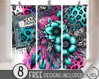 Boho Floral Dreamcatcher 20 oz Skinny Tumbler Wrap PNG, Pink Teal Leopard Print File, 20oz Wild Soul Sublimation Tumbler Design, A285