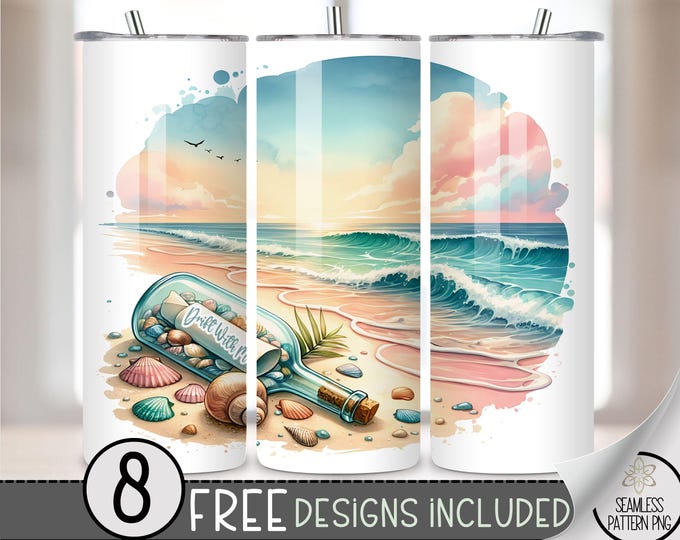 Relaxing Beach Tumbler Wrap, Ocean 20 Oz Skinny Tumbler PNG File, Sea 20Oz Straight Tumbler File, Vacation Sublimation Tumbler Design, A108