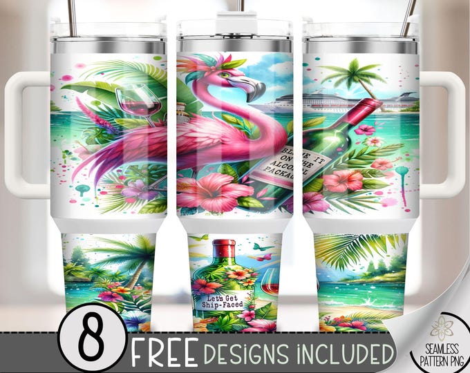 Cruise 40oz Tumbler Wrap, Cocktail Cruise Trip Tumbler Sublimation Design,Booze Cruise 40oz Quencher Tumbler Wrap PNG,Flamingo and Wine, A10